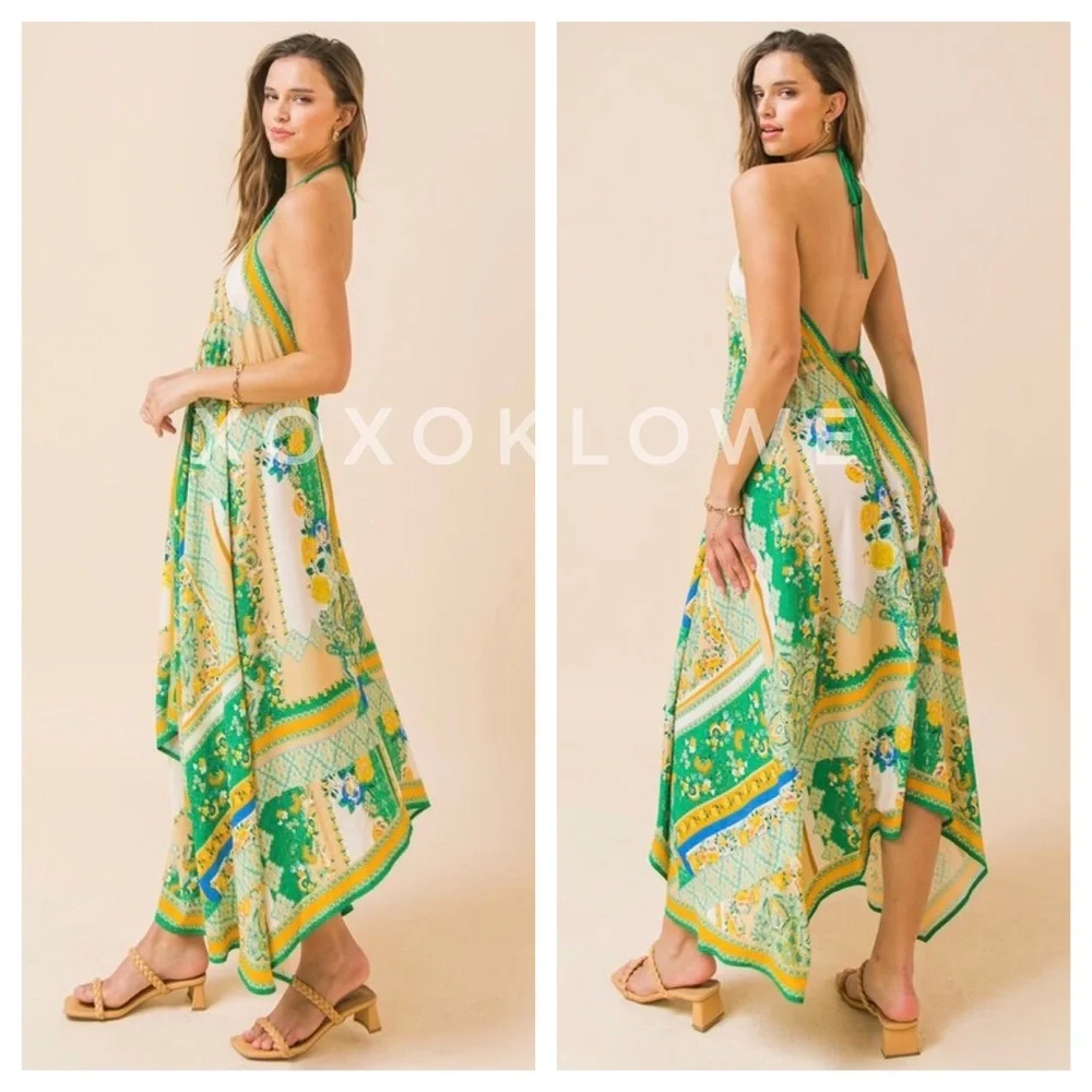 Boho Print Hanky Hem Halter Midi Dress - Picture 2 of 10